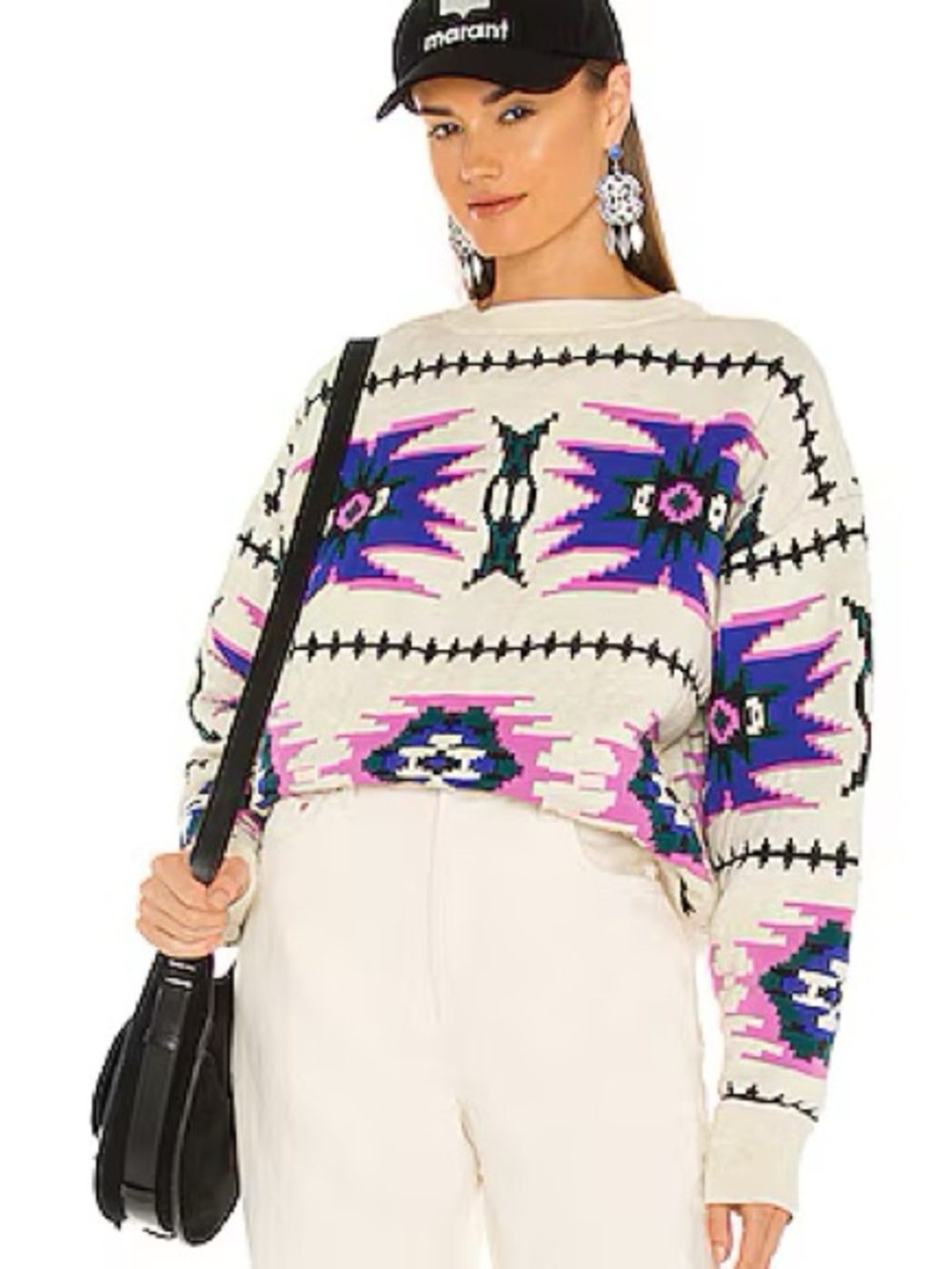Isabel Marant Cream Crewneck Sweater with Purple & Blue Aztec Motif